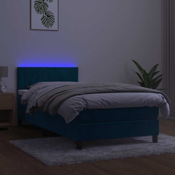 vidaXL Cama box spring colch&oacute;n y LED terciopelo azul oscuro 90x190 cm