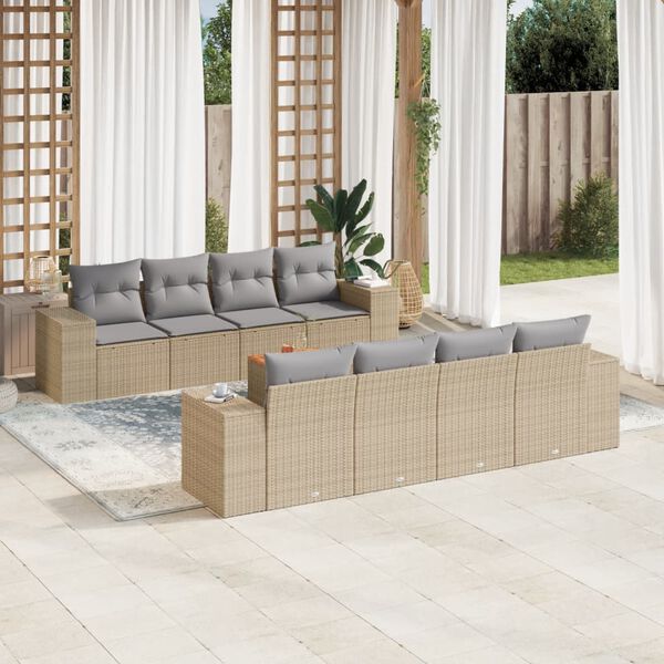 vidaXL Set de sof&aacute;s de jard&iacute;n 9 pzas con cojines rat&aacute;n sint&eacute;tico beige