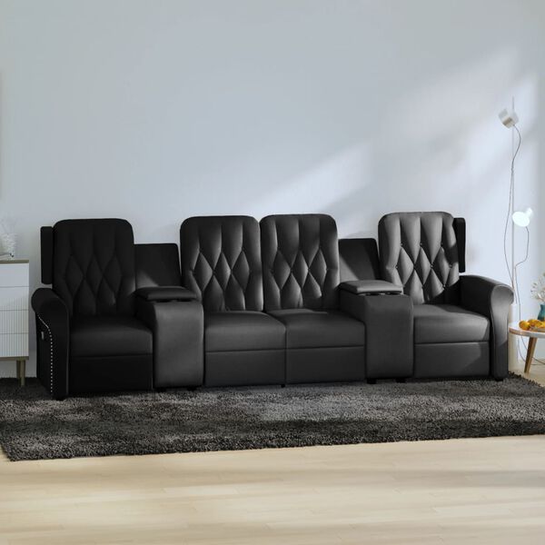 vidaXL Sill&oacute;n reclinable masaje 4 plazas con portavasos cuero PE negro