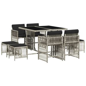 vidaXL Set comedor de jard&iacute;n 9 pzas cojines rat&aacute;n sint&eacute;tico gris claro