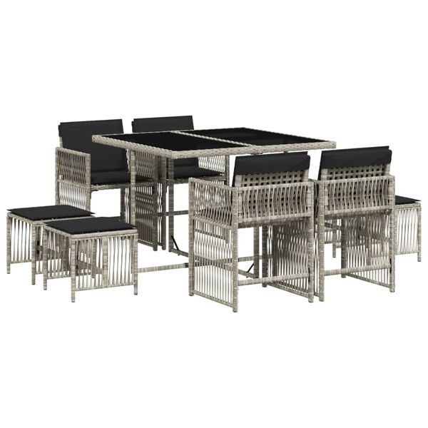 vidaXL Set comedor de jard&iacute;n 9 pzas cojines rat&aacute;n sint&eacute;tico gris claro
