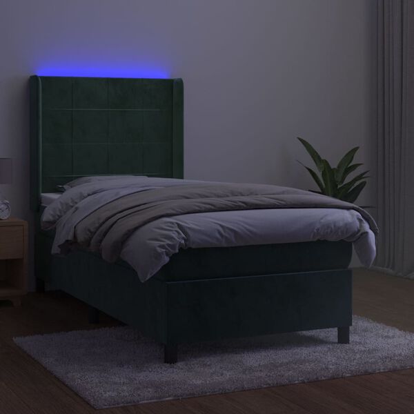 vidaXL Cama box spring colch&oacute;n y LED terciopelo verde oscuro 100x200cm