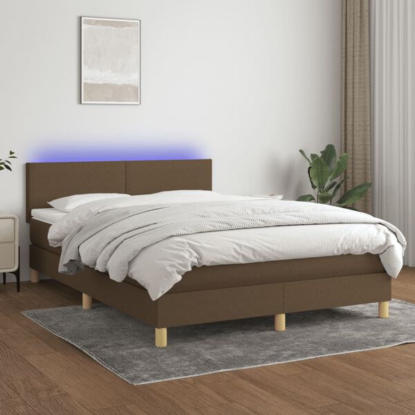 vidaXL Cama box spring con colch&oacute;n LED tela marr&oacute;n oscuro 140x200 cm