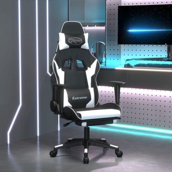 vidaXL Silla gaming con reposapi&eacute;s cuero sint&eacute;tico negro blanco