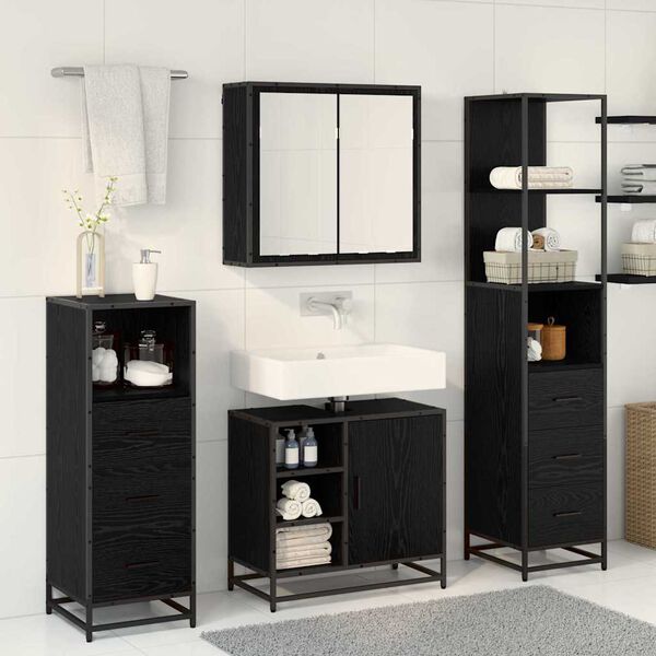 vidaXL Juego de muebles de ba&ntilde;o 4 pcs Roble Negro Madera de ingenier&iacute;a