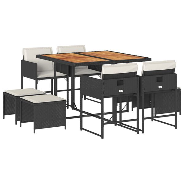 vidaXL Set de comedor de jard&iacute;n 9 pzas y cojines rat&aacute;n sint&eacute;tico negro
