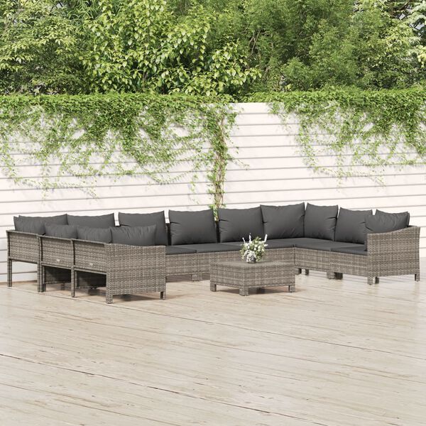 vidaXL Set de muebles de jardín 11 pzas y cojines ratán sintético gris
