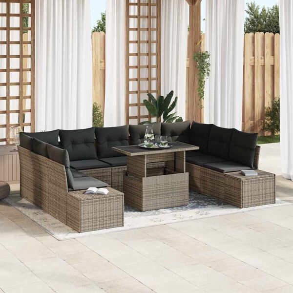 vidaXL Conjunto de sof&aacute; de jard&iacute;n 10 pcs Gris rat&aacute;n sint&eacute;tico
