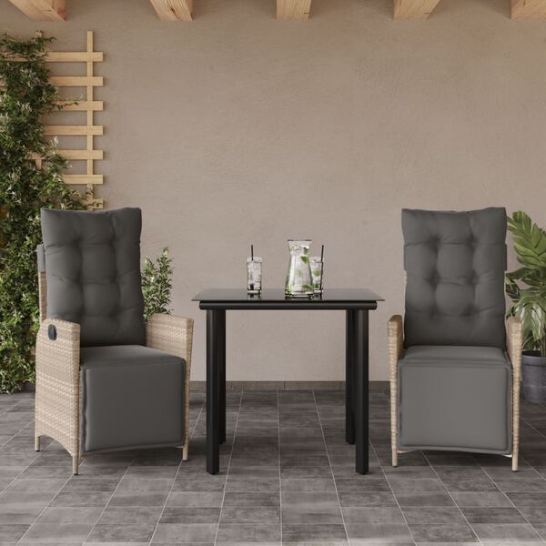 vidaXL Set comedor de jard&iacute;n 3 pzas cojines rat&aacute;n sint&eacute;tico gris claro