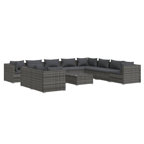 vidaXL Set de muebles de jard&iacute;n 11 pzas y cojines rat&aacute;n sint&eacute;tico gris