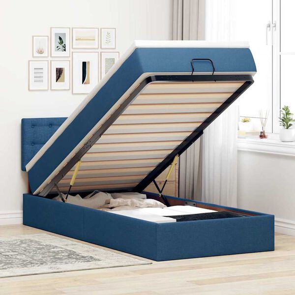 vidaXL Estructura de cama otomana con colch&oacute;n tela azul 90x190 cm