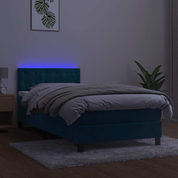 vidaXL Cama box spring colch&oacute;n y LED terciopelo azul oscuro 90x190 cm