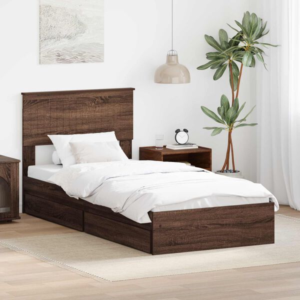 vidaXL Cama con almacenamiento con cabecera Roble Marr&oacute;n 90 x 200 cm