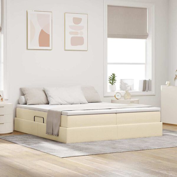 vidaXL Cama con almacenamiento y colch&oacute;n Crema 200 x 200 cm Poli&eacute;ster