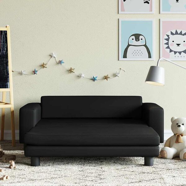 vidaXL Sof&aacute; para ni&ntilde;os y reposapi&eacute;s cuero sint&eacute;tico negro 100x50x30 cm