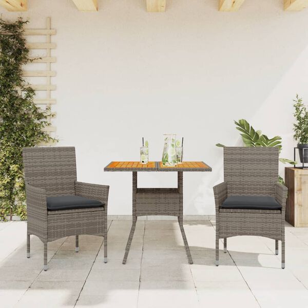 vidaXL Set de comedor jard&iacute;n 3 pzas con cojines rat&aacute;n PE acacia gris
