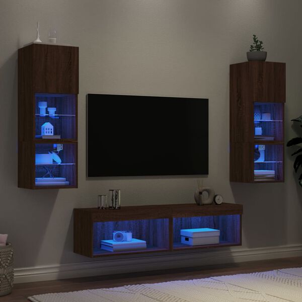 vidaXL Muebles TV pared con LED 6 pzas madera ingenier&iacute;a marr&oacute;n roble