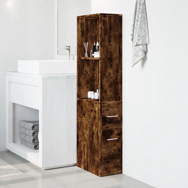 vidaXL Armario de ba&ntilde;o estrecho con ruedas madera roble ahumado