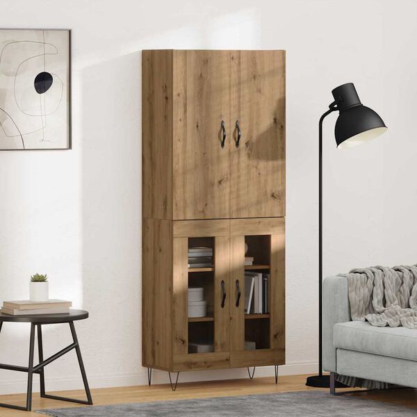 vidaXL Aparador alto 2 pcs Roble artesanal Madera tecnol&oacute;gica y vidrio