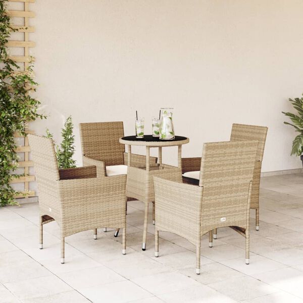 vidaXL Set comedor jard&iacute;n 5 pzas cojines rat&aacute;n sint&eacute;tico vidrio beige
