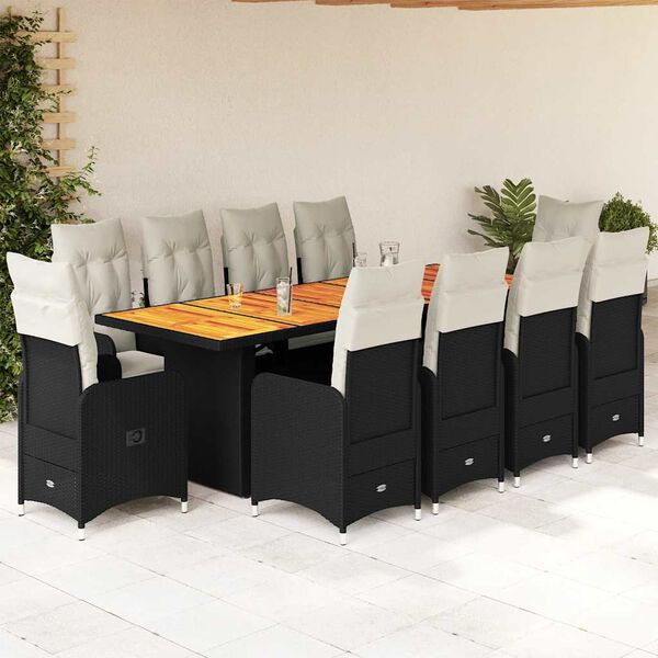 vidaXL Set de mesa y sillas de jard&iacute;n y cojines 11 pzas rat&aacute;n PE negro