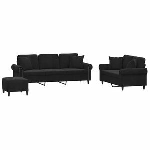 vidaXL Juego de sof&aacute;s con cojines 3 piezas terciopelo negro