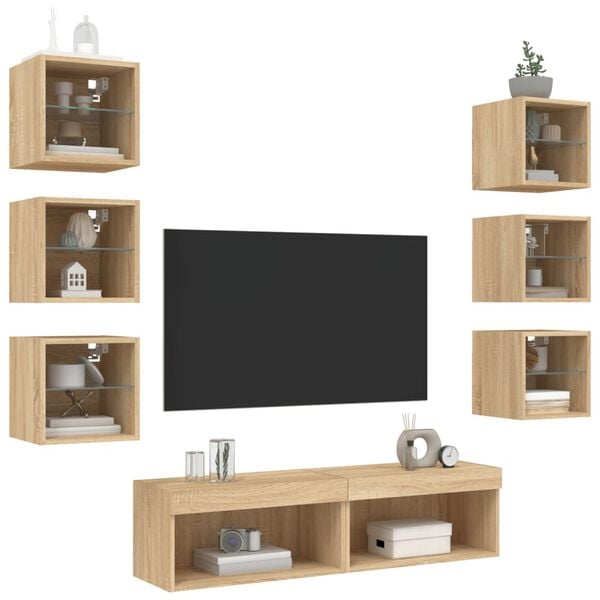 vidaXL Muebles TV pared con LED 8 pzas madera ingeniería roble Sonoma