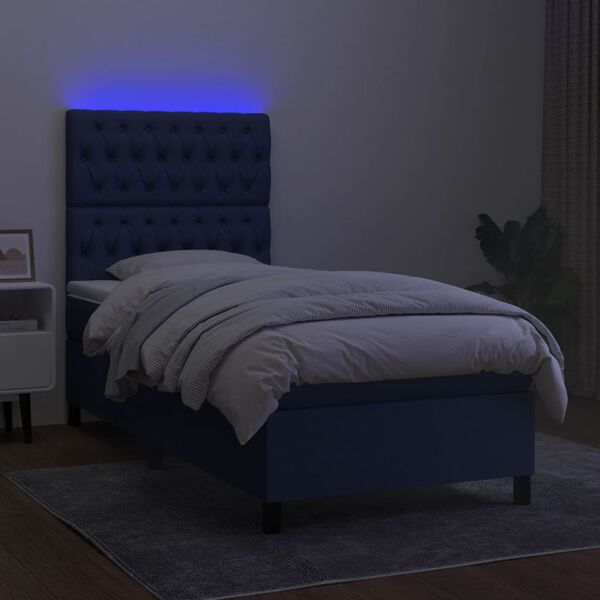 vidaXL Cama box spring colch&oacute;n y luces LED tela azul 100x200 cm