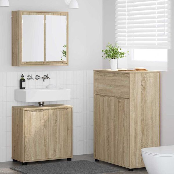 vidaXL Juego de muebles de ba&ntilde;o con caj&oacute;n con rueda 3 pcs Roble Sonoma