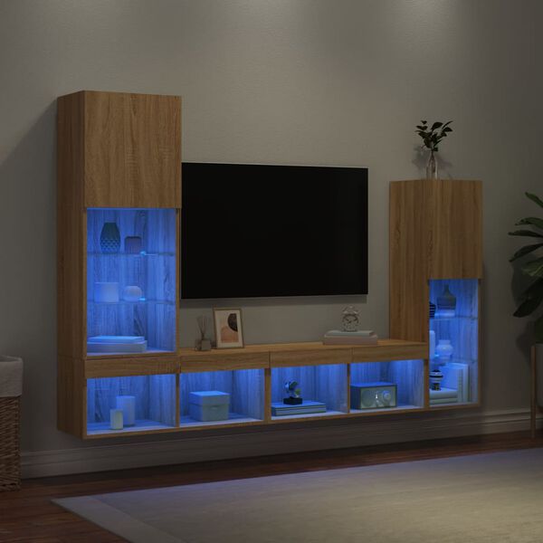vidaXL Muebles TV pared con LED 4 pzas madera ingenier&iacute;a roble Sonoma