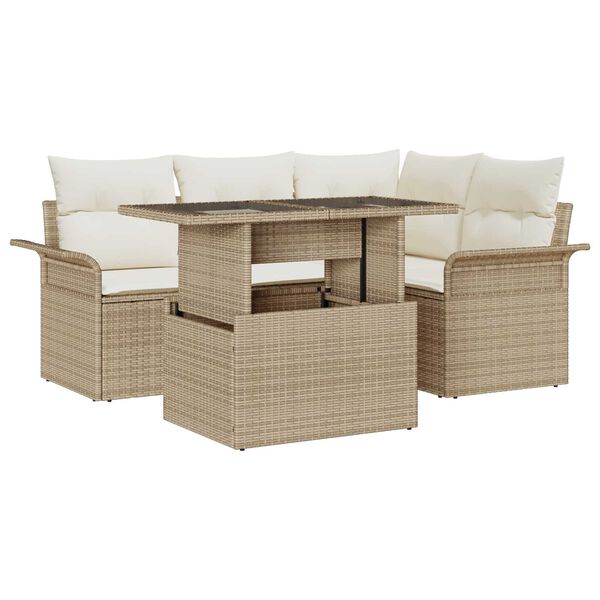 vidaXL Conjunto de sof&aacute; de jard&iacute;n 5 pcs Beige Rattan de Poli&eacute;ster