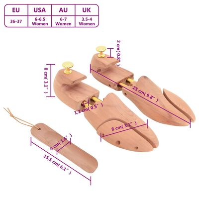 vidaXL Estirador de zapatos con calzador EU 36-37 madera maciza cedro