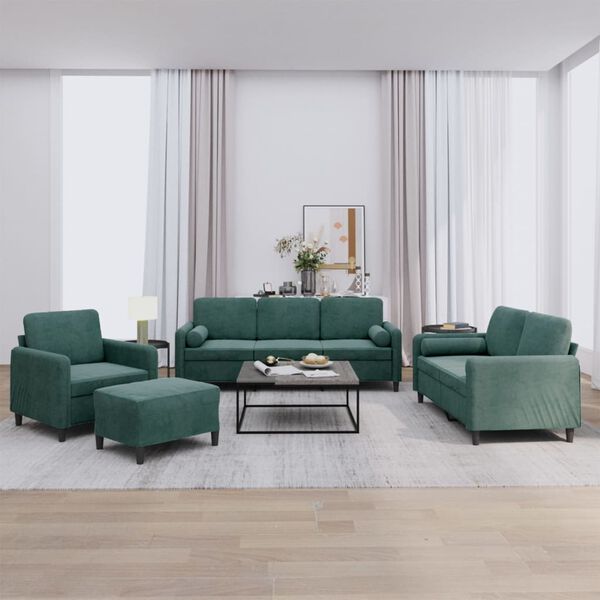 vidaXL Juego de sof&aacute;s con cojines 4 piezas terciopelo verde oscuro