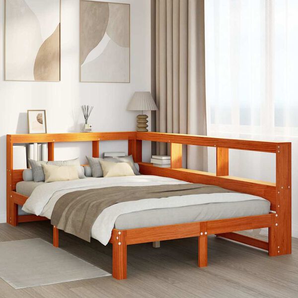 vidaXL Cama con estanter&iacute;a sin colch&oacute;n madera maciza marr&oacute;n 120x190 cm