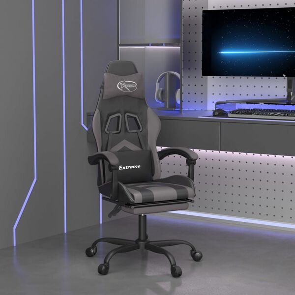 vidaXL Silla gaming con reposapi&eacute;s cuero sint&eacute;tico negro gris