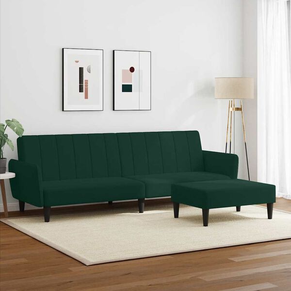 vidaXL Sof&aacute; cama de 2 plazas con taburete terciopelo verde oscuro