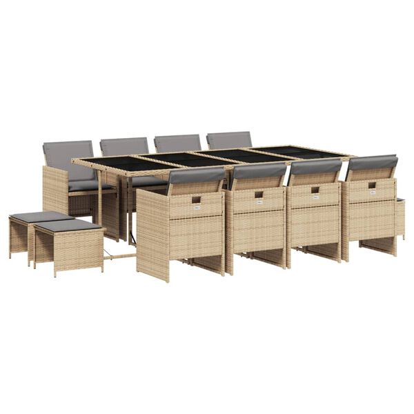 vidaXL Set comedor de jard&iacute;n con cojines 13 pzas rat&aacute;n sint&eacute;tico beige