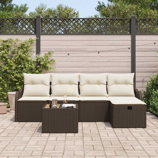 vidaXL Conjunto de sof&aacute; de jard&iacute;n 6 pcs Marr&oacute;n y crema rat&aacute;n sint&eacute;tico