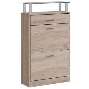 vidaXL Zapatero caj&oacute;n y estante superior vidrio aspecto madera