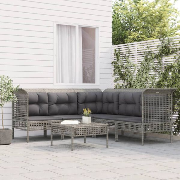 vidaXL Set de muebles de jard&iacute;n 6 pzas y cojines rat&aacute;n sint&eacute;tico gris