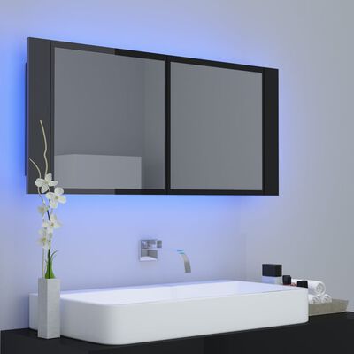 vidaXL Armario espejo de baño LED acrílico negro brillo 100x12x45 cm