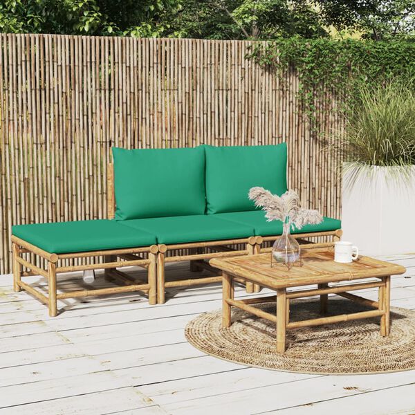 vidaXL Set de muebles de jard&iacute;n 4 piezas bamb&uacute; con cojines verde