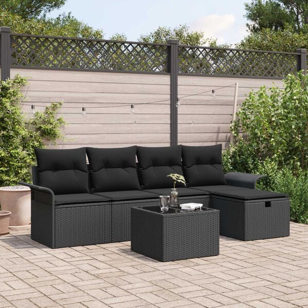 vidaXL Conjunto de sofá de jardín con cojín 6 pcs Negro Poliratán