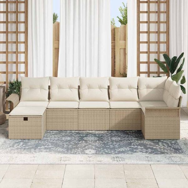 vidaXL Conjunto de sof&aacute; de jard&iacute;n 7 pcs Beige y Crema rat&aacute;n sint&eacute;tico