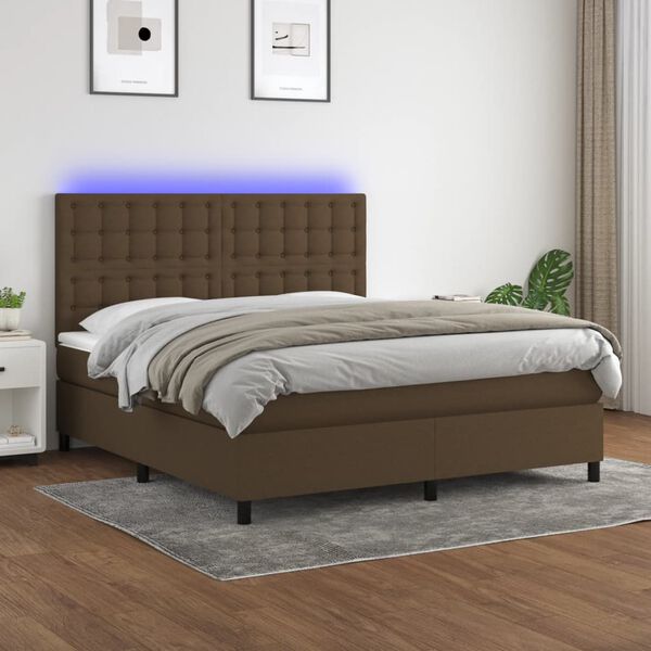 vidaXL Cama box spring colch&oacute;n luces LED tela marr&oacute;n oscuro 160x200cm