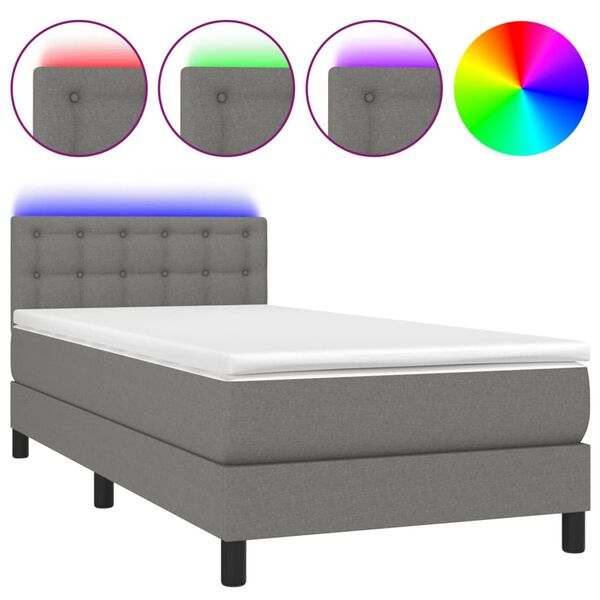 vidaXL Cama box spring colch&oacute;n y luces LED tela gris oscuro 100x200 cm
