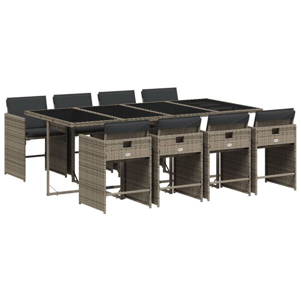 vidaXL Set comedor jard&iacute;n 9 pzas y cojines rat&aacute;n sint&eacute;tico gris
