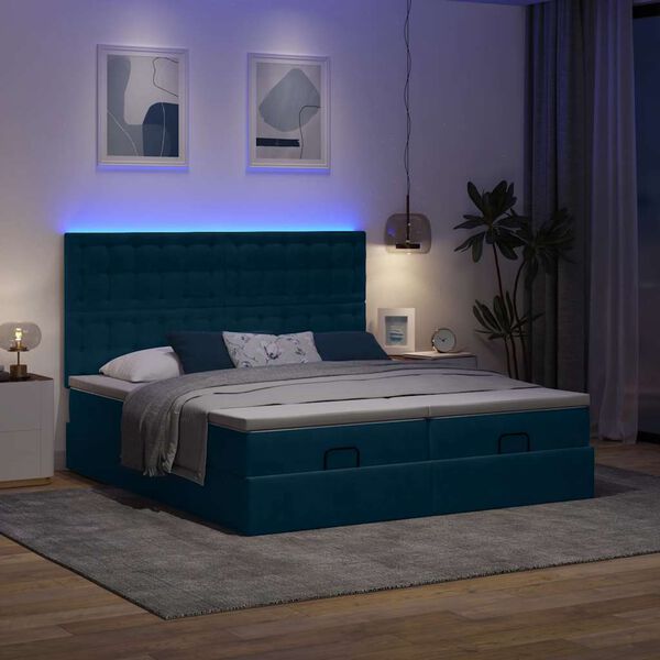 vidaXL Cama otomana con colchones y luces LED azul oscuro 200x200 cm