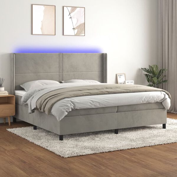 vidaXL Cama box spring colch&oacute;n y LED terciopelo gris claro 200x200 cm