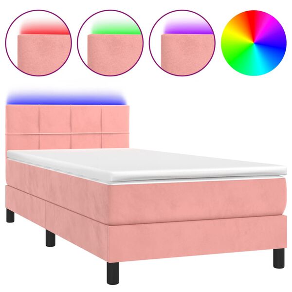 vidaXL Cama box spring colch&oacute;n y LED terciopelo rosa 100x200 cm